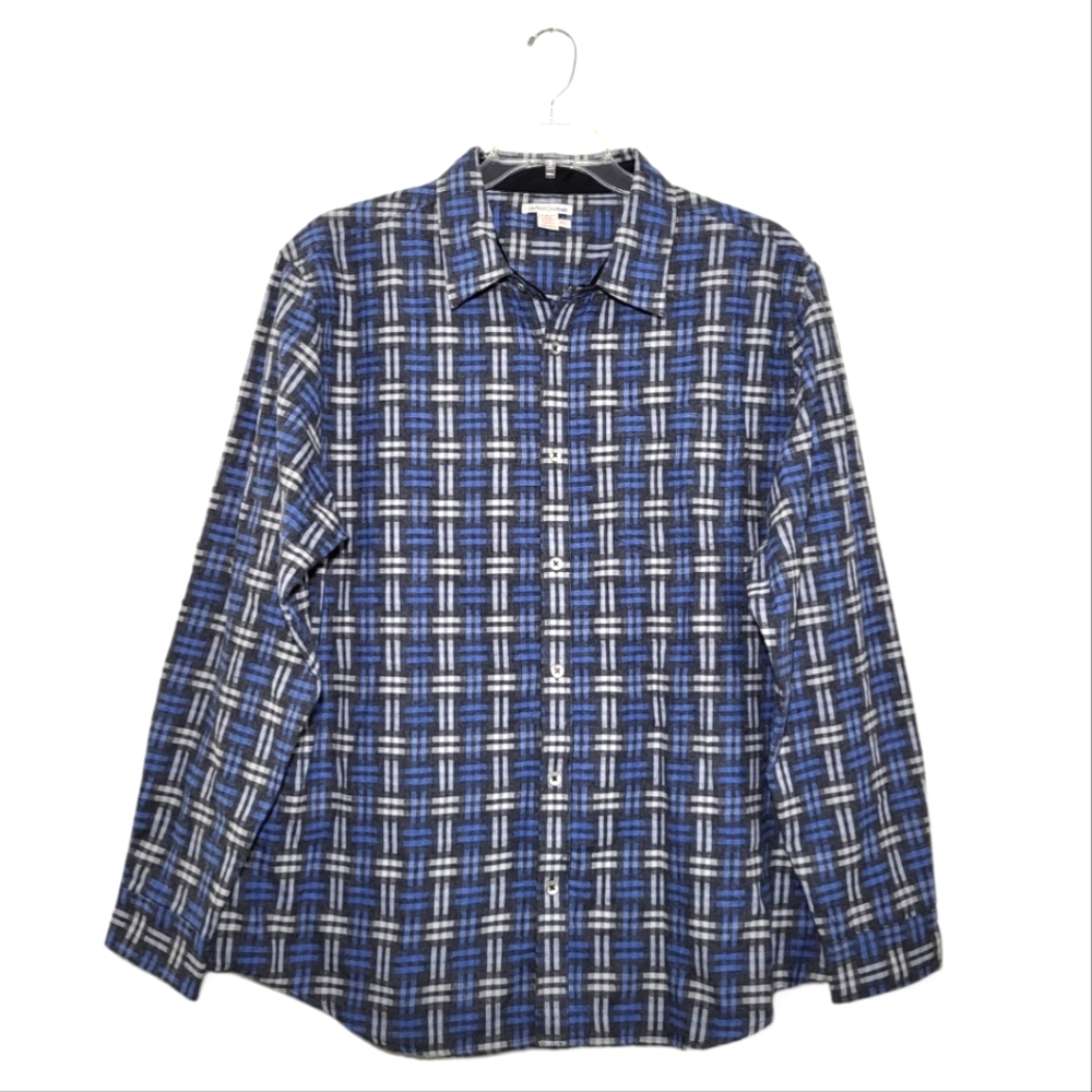 Carbon 2 Cobalt Black Blue Woven Plaid Print Flannel Long Sleeve Shirt XL